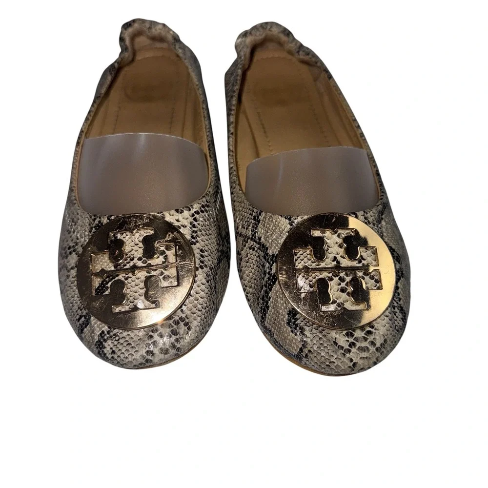 Tory Burch Minnie Travel Ballet Flats Snakeskin Embossed‎ Gold Logo 36 N3018-7S